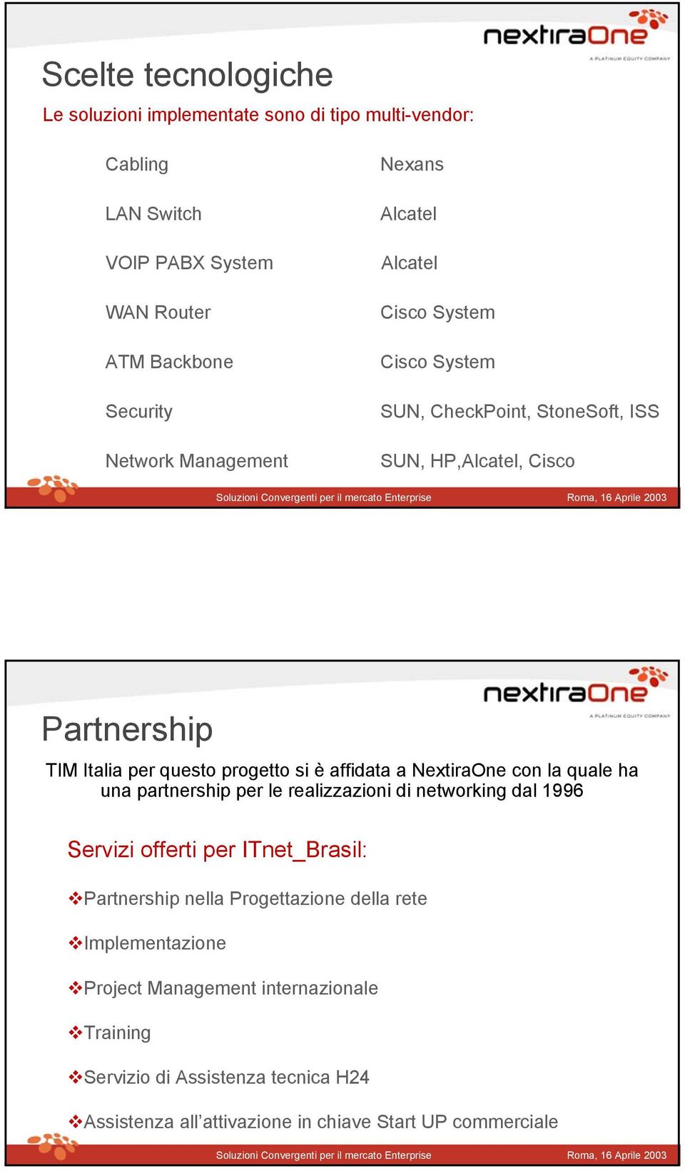 si è affidata a NextiraOne con la quale ha una partnership per le realizzazioni di networking dal 1996 Servizi offerti per ITnet_Brasil: Partnership nella