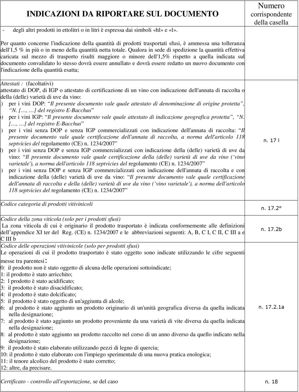 Qualora in sede di spedizione la quantità effettiva caricata sul mezzo di trasporto risulti maggiore o minore dell'1,5% rispetto a quella indicata sul documento convalidato lo stesso dovrà essere