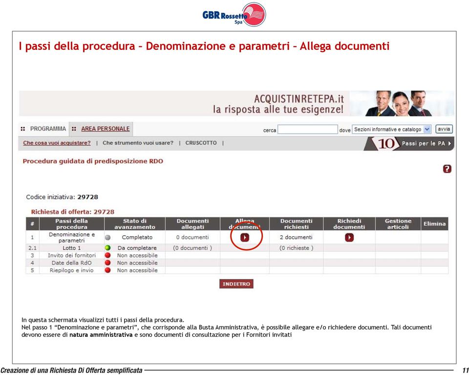 Nel passo 1 Denominazione e parametri, che corrisponde alla Busta Amministrativa, è possibile allegare