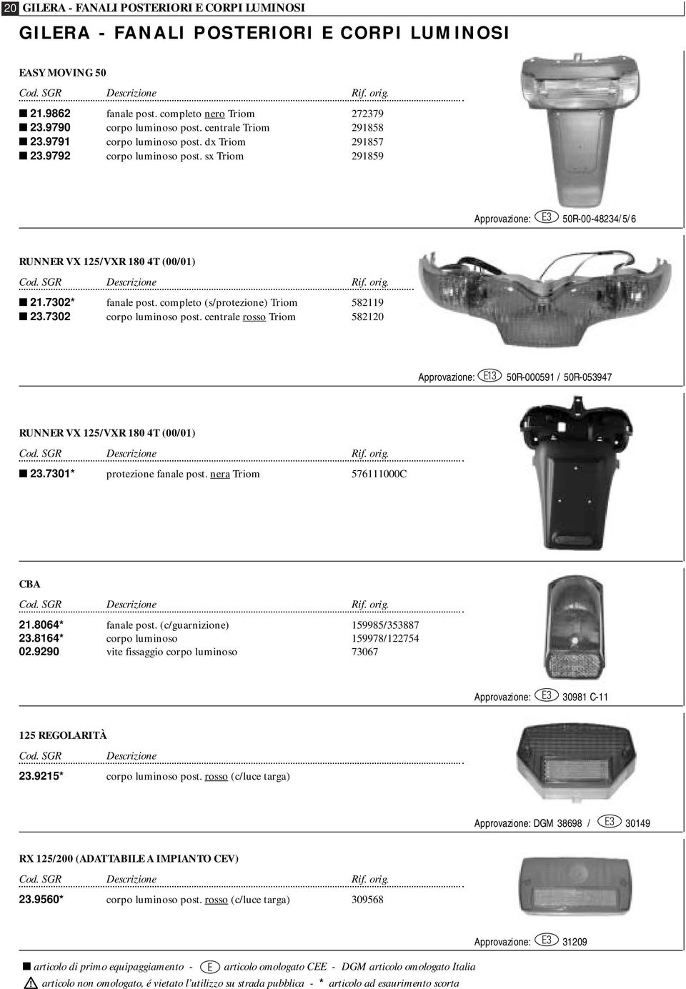 completo (s/protezione) Triom 582119 23.7302 corpo luminoso post. centrale rosso Triom 582120 50R-000591 / 50R-053947 RUNNER VX 125/VXR 180 4T (00/01) 23.7301* protezione fanale post.