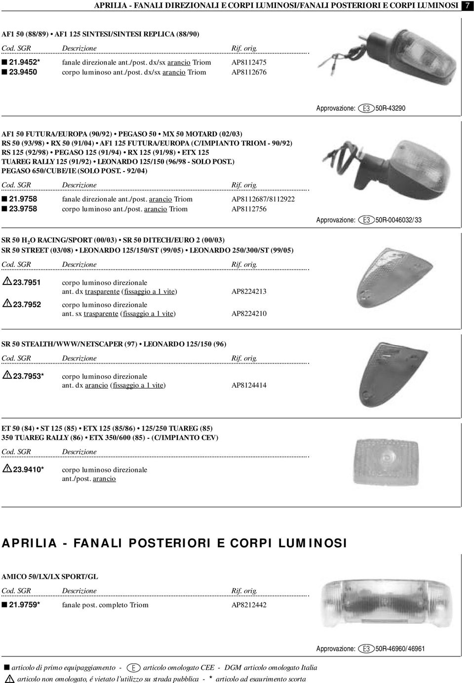 dx/sx arancio Triom AP8112676 50R-43290 AF1 50 FUTURA/EUROPA (90/92) PEGASO 50 MX 50 MOTARD (02/03) RS 50 (93/98) RX 50 (91/04) AF1 125 FUTURA/EUROPA (C/IMPIANTO TRIOM - 90/92) RS 125 (92/98) PEGASO