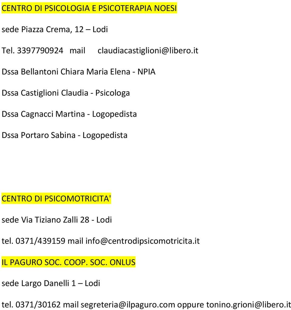 Portaro Sabina - Logopedista CENTRO DI PSICOMOTRICITA' sede Via Tiziano Zalli 28 - Lodi tel.