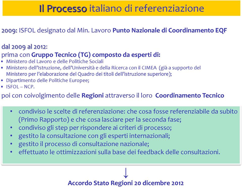 Università e della Ricerca con il CIMEA (già a supporto del Ministero per l elaborazione del Quadro dei titoli dell istruzione superiore); Dipartimento delle Politiche Europee; ISFOL NCP.