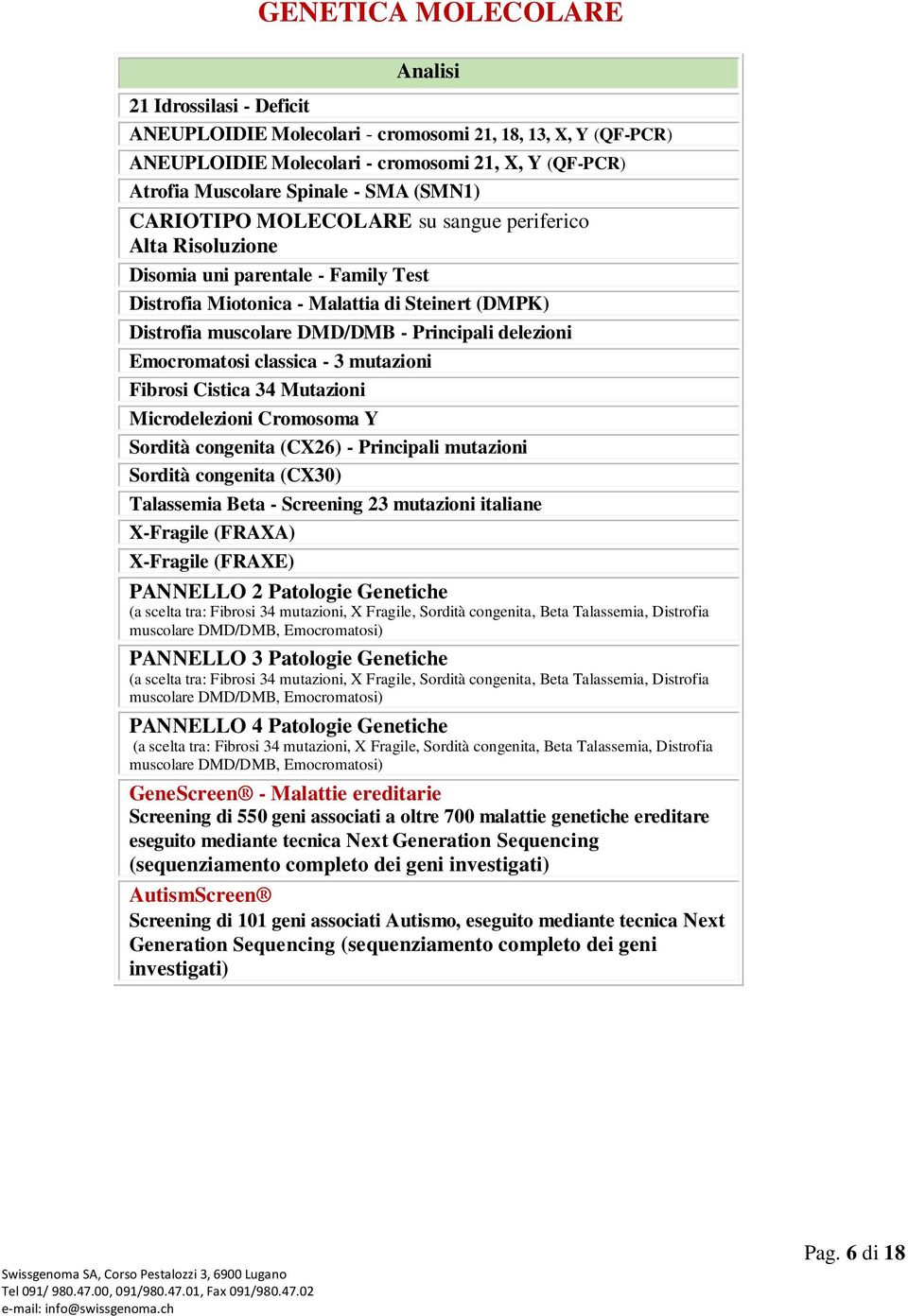 Emocromatosi classica - 3 mutazioni Fibrosi Cistica 34 Mutazioni Microdelezioni Cromosoma Y Sordità congenita (CX26) - Principali mutazioni Sordità congenita (CX30) Talassemia Beta - Screening 23