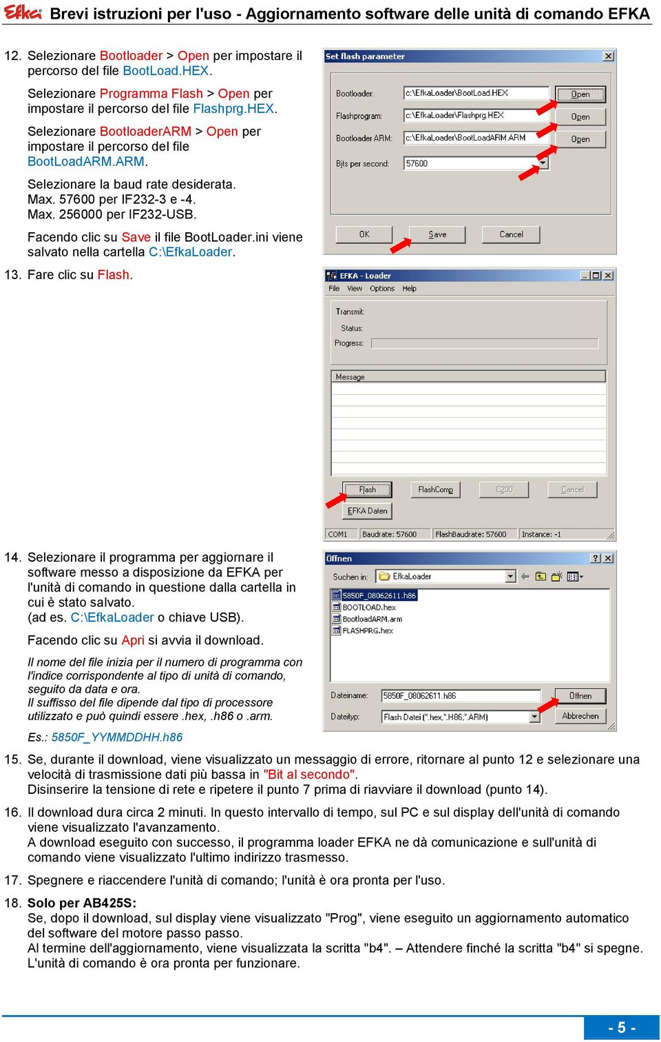 Fare clic su Flash. 14. Selezionare il programma per aggiornare il software messo a disposizione da EFKA per l'unità di comando in questione dalla cartella in cui è stato salvato. (ad es.