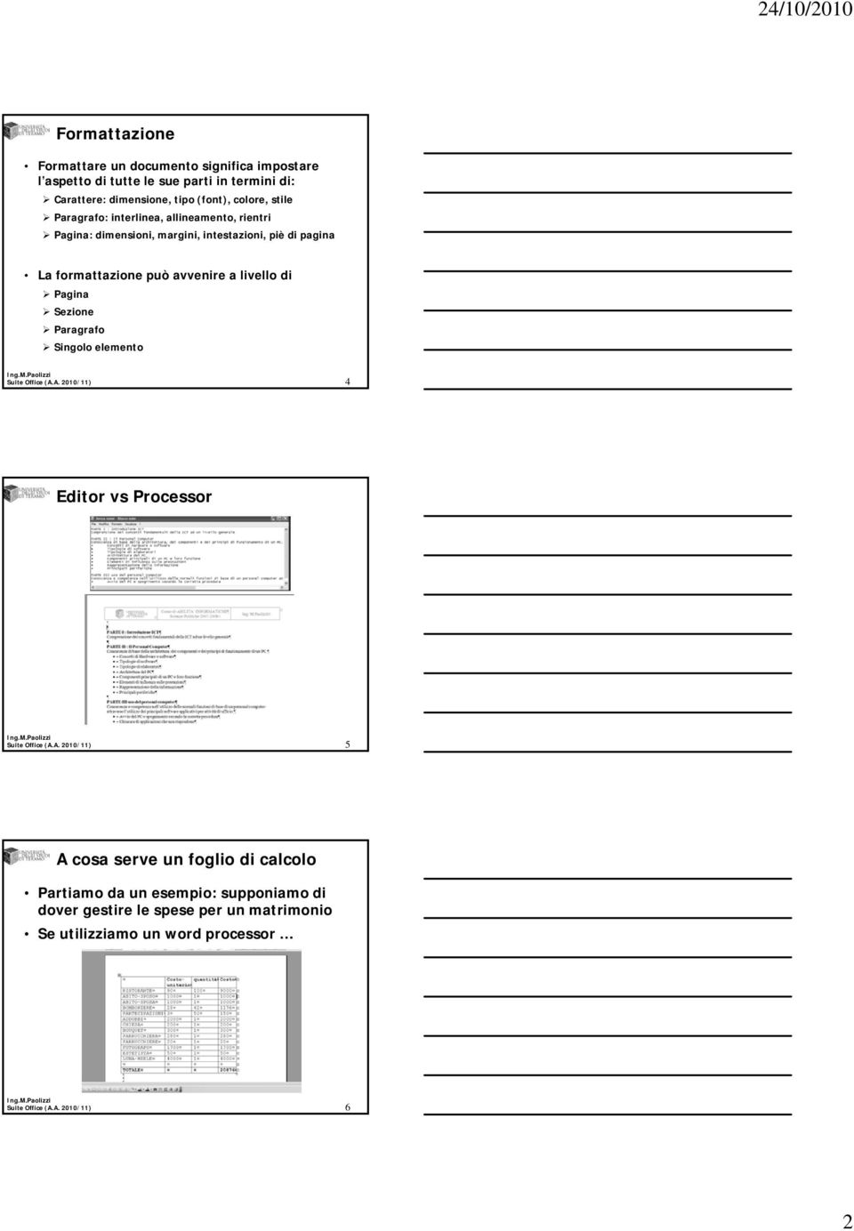 La formattazione può avvenire a livello di Pagina Sezione Paragrafo Singolo elemento 4 Editor vs Processor 5 A cosa serve un