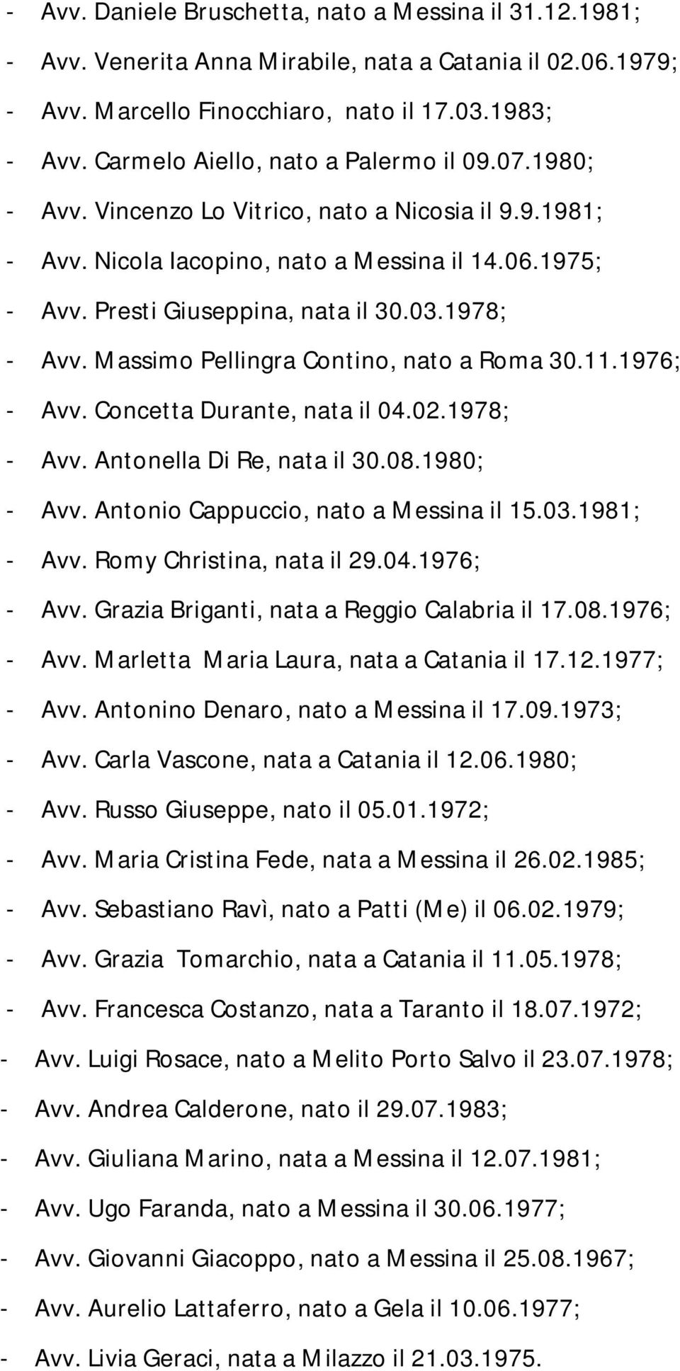 1978; - Avv. Massimo Pellingra Contino, nato a Roma 30.11.1976; - Avv. Concetta Durante, nata il 04.02.1978; - Avv. Antonella Di Re, nata il 30.08.1980; - Avv. Antonio Cappuccio, nato a Messina il 15.