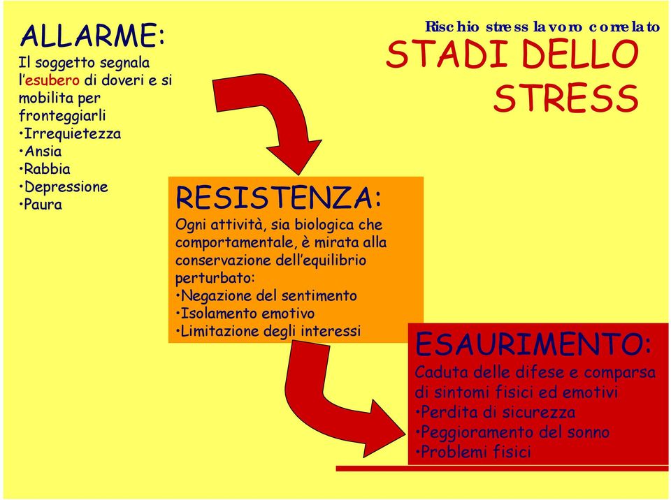 equilibrio perturbato: Negazione del sentimento Isolamento emotivo Limitazione degli interessi STADI DELLO STRESS