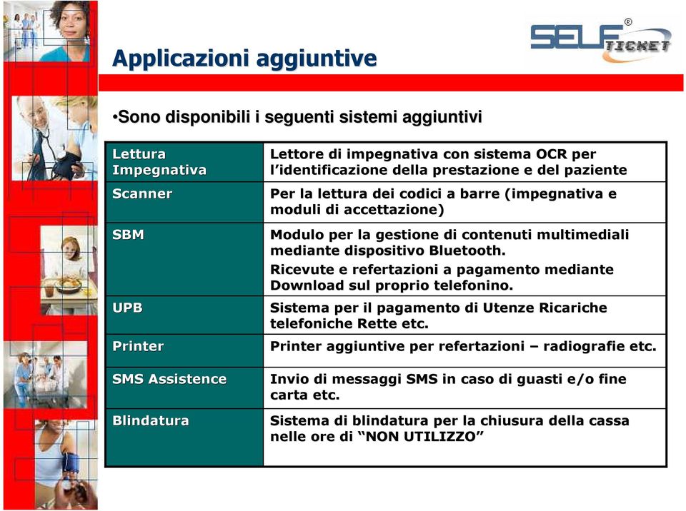 mediante dispositivo Bluetooth. Ricevute e refertazioni a pagamento mediante Download sul proprio telefonino. Sistema per il pagamento di Utenze Ricariche telefoniche Rette etc.