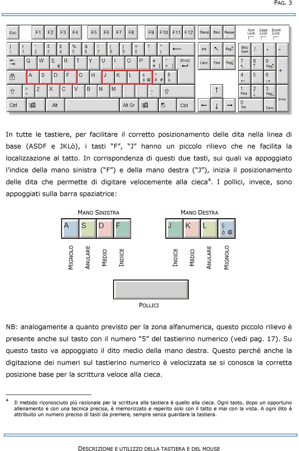 In corrispondenza di questi due tasti, sui quali va appoggiato l indice della mano sinistra ( F ) e della mano destra ( J ), inizia il posizionamento delle dita che permette di digitare velocemente