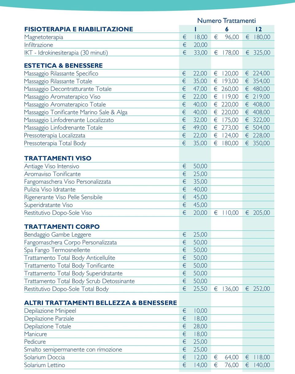 Linfodrenante Localizzato Massaggio Linfodrenante Totale Pressoterapia Localizzata Pressoterapia Total Body 35,00 47,00 32,00 49,00 35,00 120,00 193,00 260,00 119,00 220,00 220,00 175,00 273,00