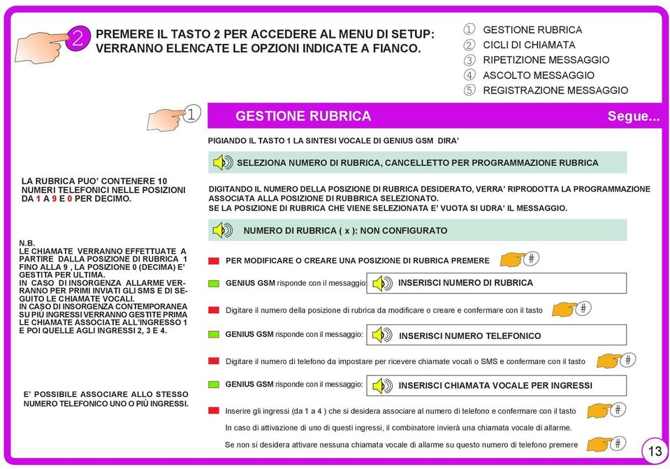 .. PIGIANDO IL TASTO 1 LA SINTESI VOCALE DI GENIUS GSM DIRA SELEZIONA NUMERO DI RUBRICA, CANCELLETTO PER PROGRAMMAZIONE RUBRICA LA RUBRICA PUO CONTENERE 10 NUMERI TELEFONICI NELLE POSIZIONI DA 1 A 9