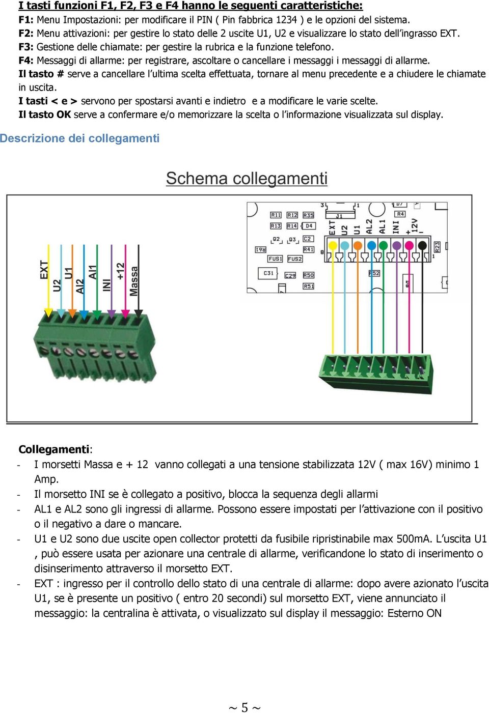 F4: Messaggi di allarme: per registrare, ascoltare o cancellare i messaggi i messaggi di allarme.