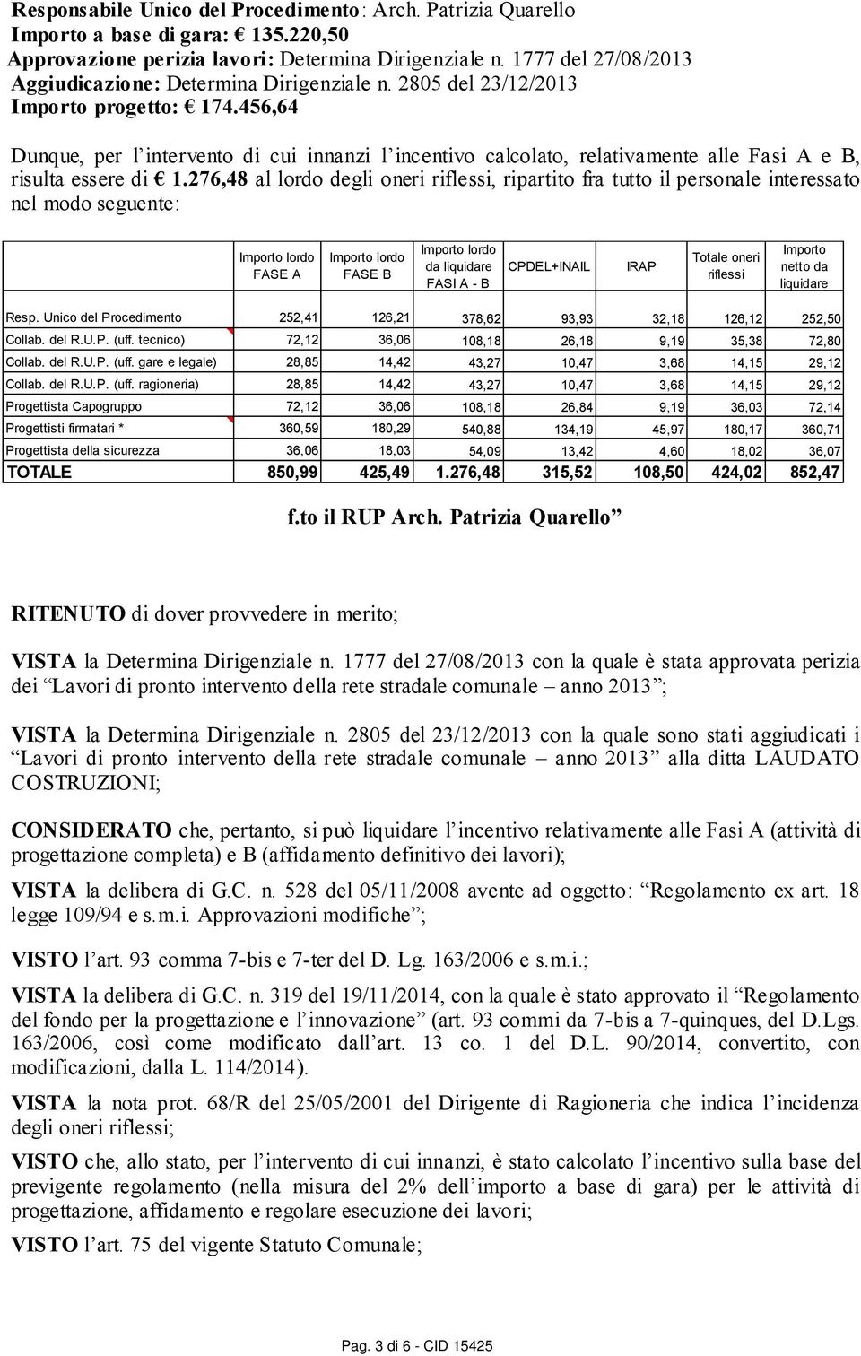 456,64 Dunque, per l intervento di cui innanzi l incentivo calcolato, relativamente alle Fasi A e B, risulta essere di 1.