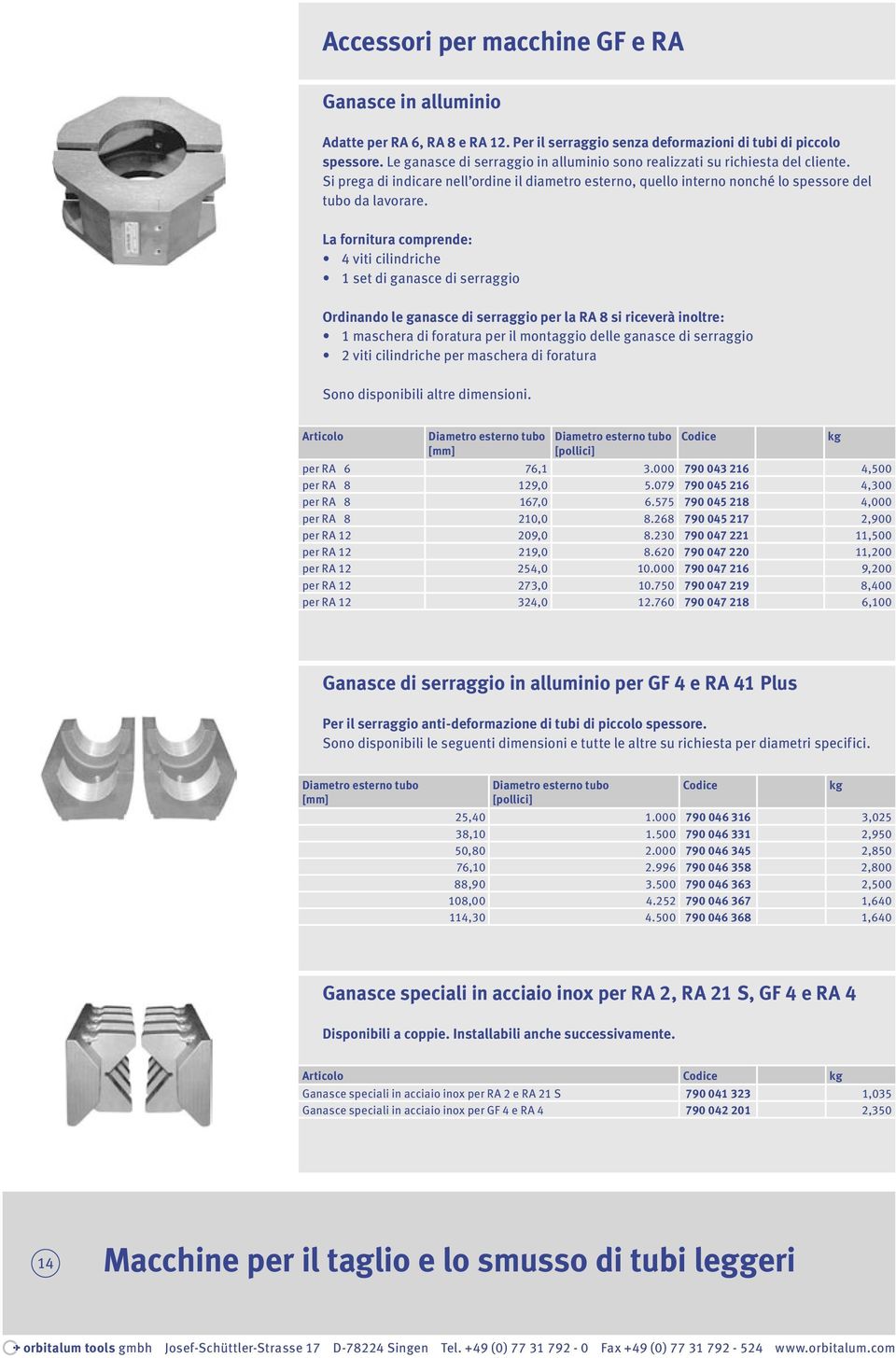 La fornitura comprende: 4 viti cilindriche 1 set di ganasce di serraggio Ordinando le ganasce di serraggio per la RA 8 si riceverà inoltre: 1 maschera di foratura per il montaggio delle ganasce di