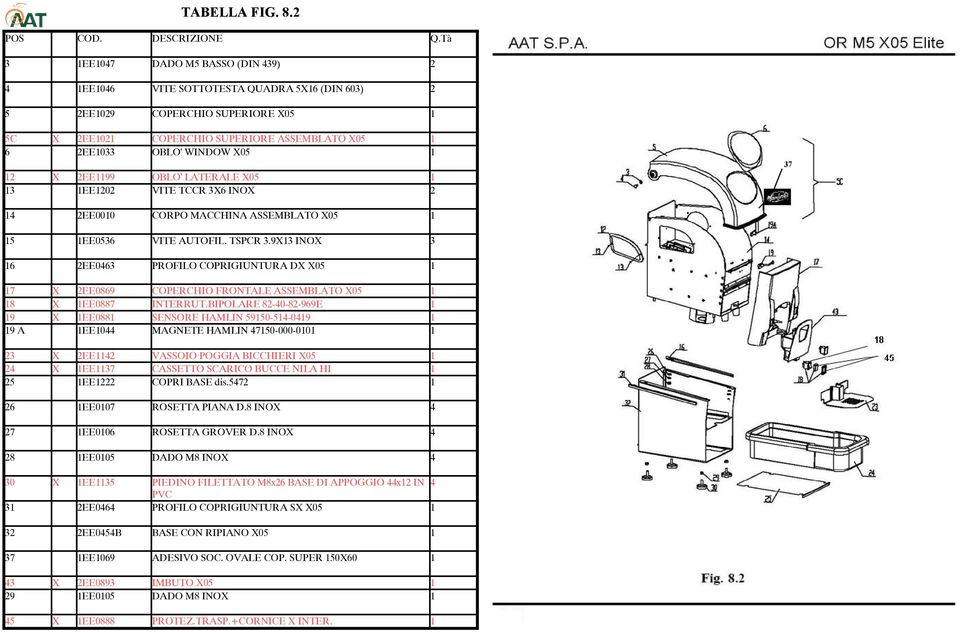 X05 1 12 X 2EE1199 OBLO' LATERALE X05 1 13 1EE1202 VITE TCCR 3X6 INOX 2 37 14 2EE0010 CORPO MACCHINA ASSEMBLATO X05 1 15 1EE0536 VITE AUTOFIL. TSPCR 3.