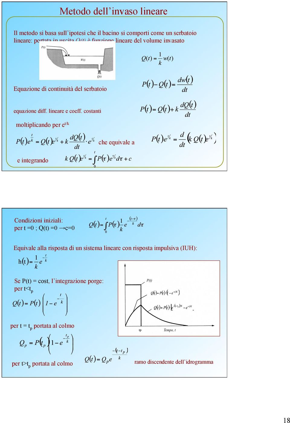 costanti moltiplicando per e t/k che equivale a e integrando Condizioni iniziali: per t =0 ; Q(t) =0 c=0 Equivale alla risposta di un sistema