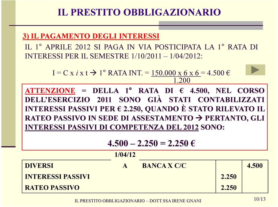 500, NEL CORSO DELL ESERCIZIO 2011 SONO GIÀ STATI CONTABILIZZATI INTERESSI PASSIVI PER 2.