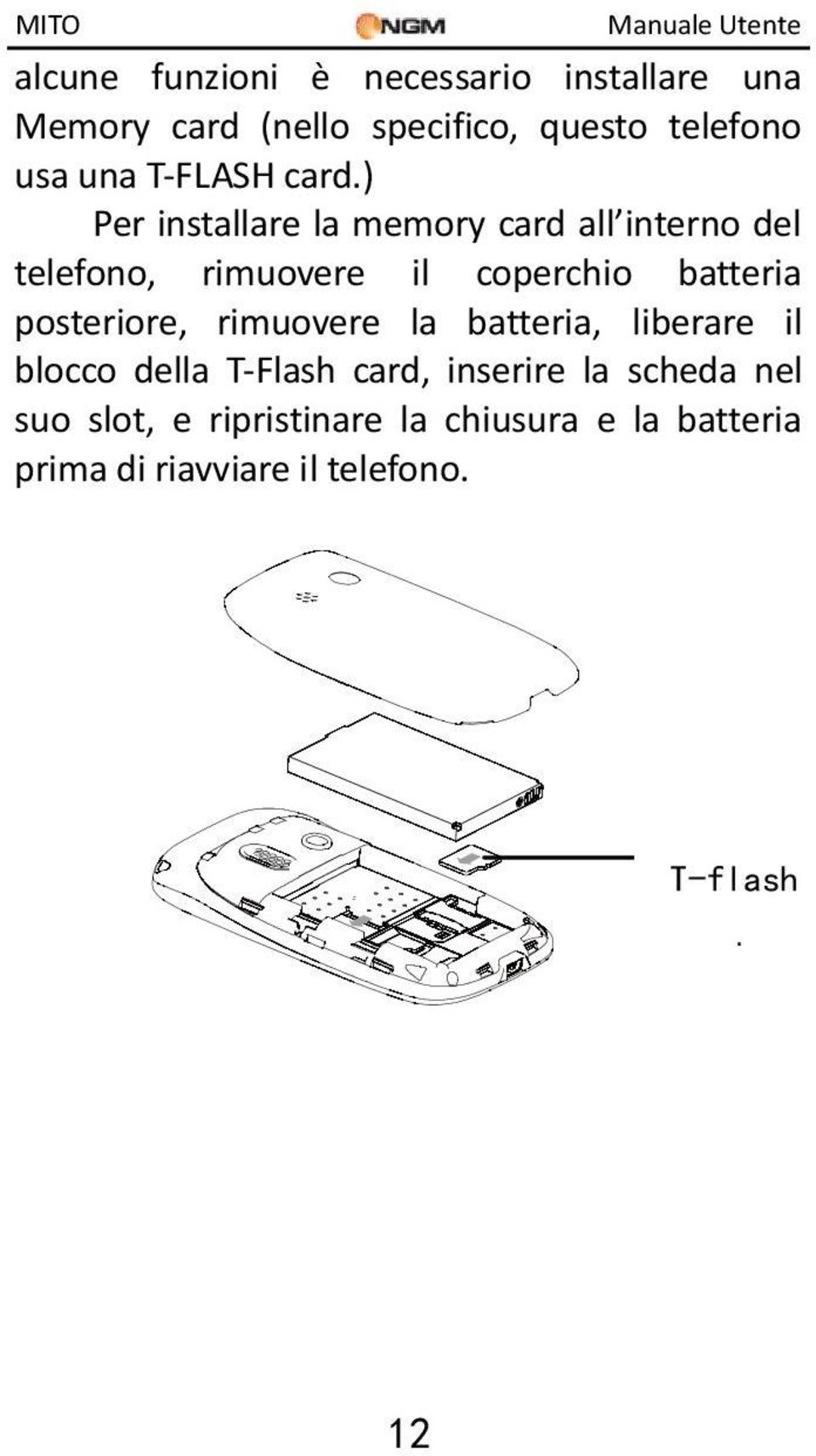 ) Per installare la memory card all interno del telefono, rimuovere il coperchio batteria
