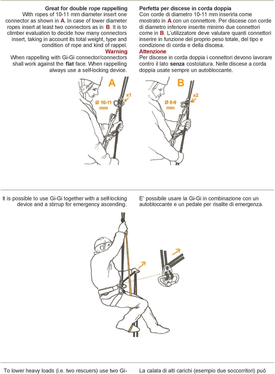 When rappelling with Gi-Gi connector/connectors shall work against the flat face. When rappelling always use a self-locking device.