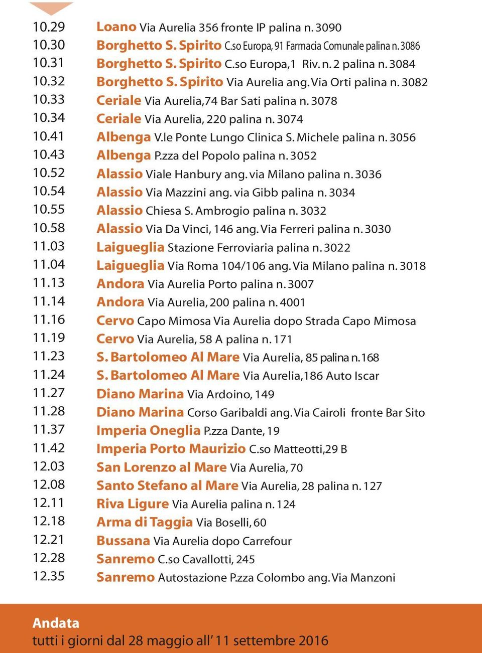 Spirito Via Aurelia ang. Via Orti palina n. 3082 Ceriale Via Aurelia,74 Bar Sati palina n. 3078 Ceriale Via Aurelia, 220 palina n. 3074 Albenga V.le Ponte Lungo Clinica S. Michele palina n.