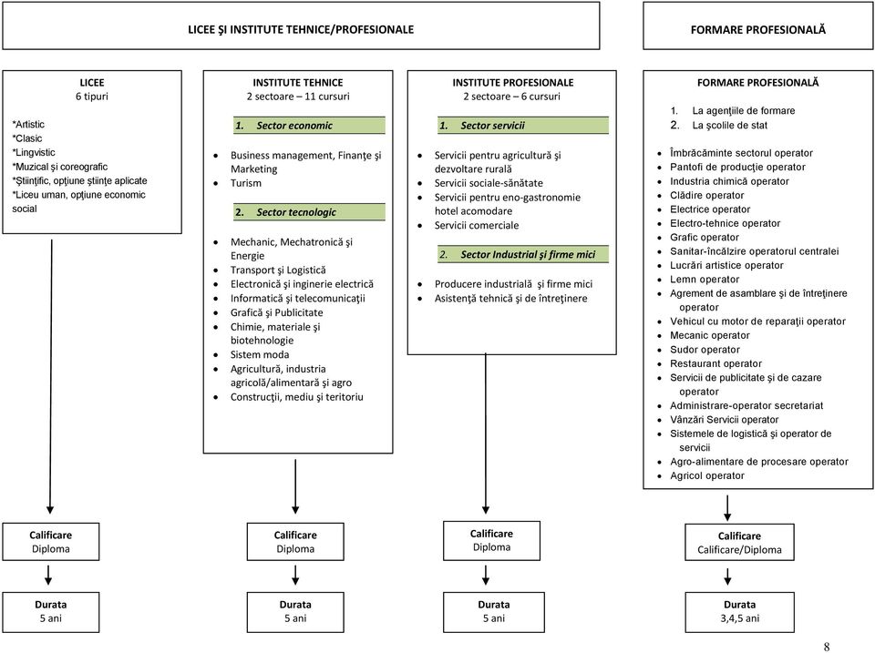 Sector tecnologic Mechanic, Mechatronică şi Energie Transport şi Logistică Electronică şi inginerie electrică Informatică şi telecomunicaţii Grafică şi Publicitate Chimie, materiale şi biotehnologie