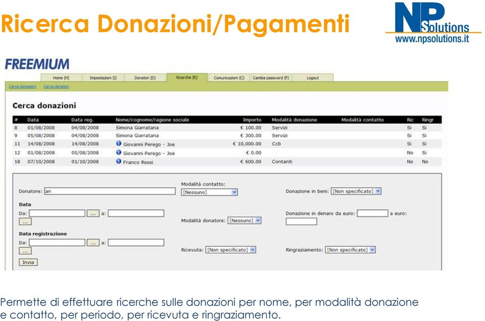 nome, per modalità donazione e contatto,