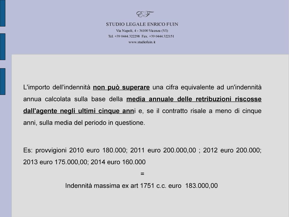 a meno di cinque anni, sulla media del periodo in questione. Es: provvigioni 2010 euro 180.000; 2011 euro 200.