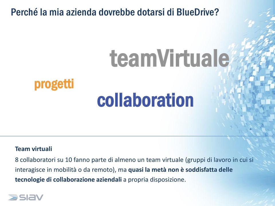 di almeno un team virtuale (gruppi di lavoro in cui si interagisce in mobilità o da