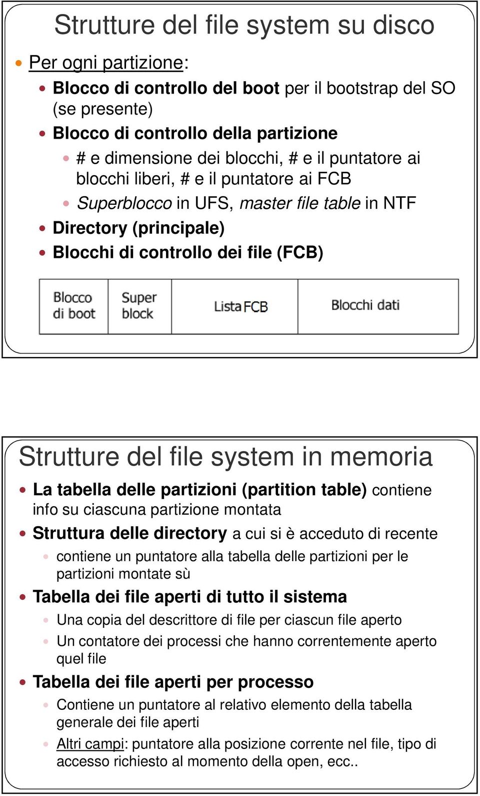 tabella delle partizioni (partition table) contiene info su ciascuna partizione montata Struttura delle directory a cui si è acceduto di recente contiene un puntatore alla tabella delle partizioni