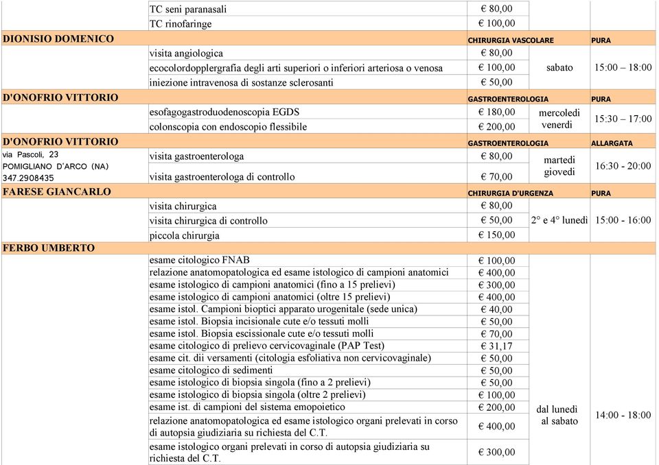15:30 17:00 D'ONOFRIO VITTORIO GASTROENTEROLOGIA ALLARGATA via Pascoli, 23 POMIGLIANO D' ARCO ( NA) 347.