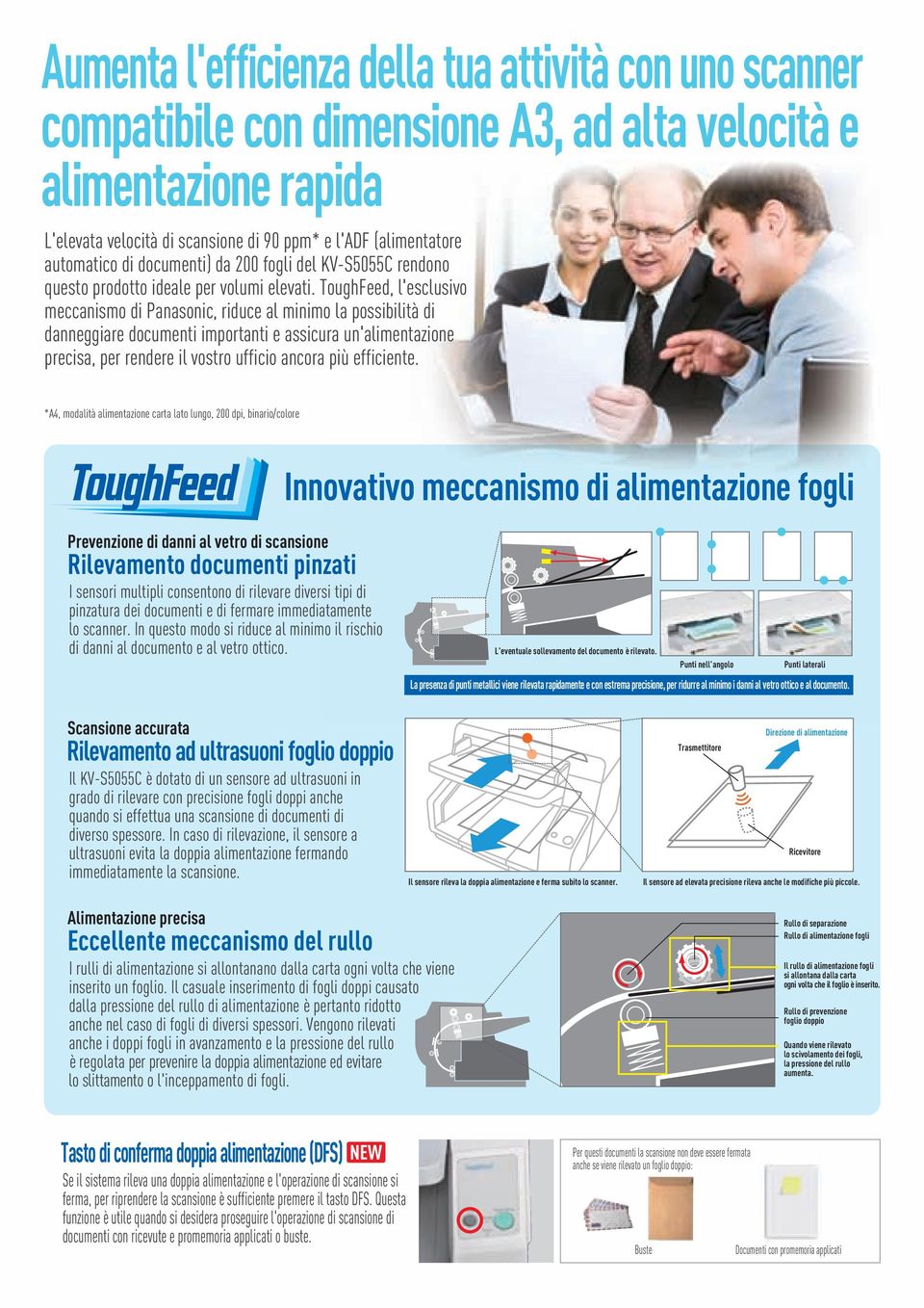 ToughFeed, l'esclusivo meccanismo di Panasonic, riduce al minimo la possibilità di danneggiare documenti importanti e assicura un'alimentazione precisa, per rendere il vostro ufficio ancora più