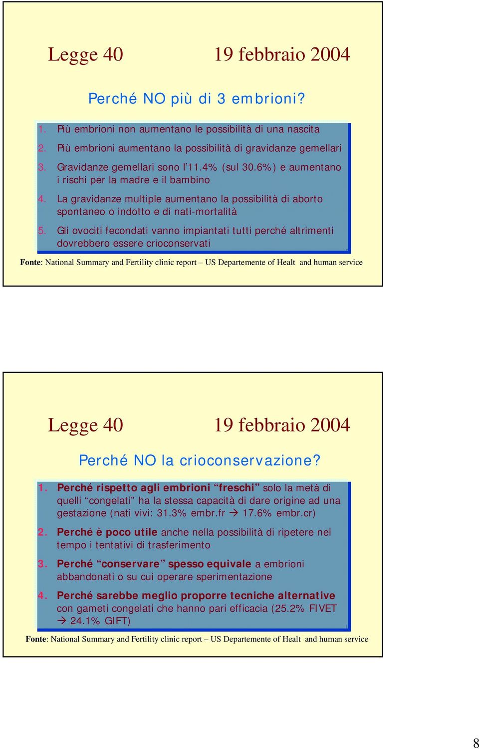 5. Gli Gli ovociti fecondati vanno impiantati tutti tutti perché altrimenti dovrebbero essere crioconservati Fonte: National Summary and Fertility clinic report US Departemente of Healt and human