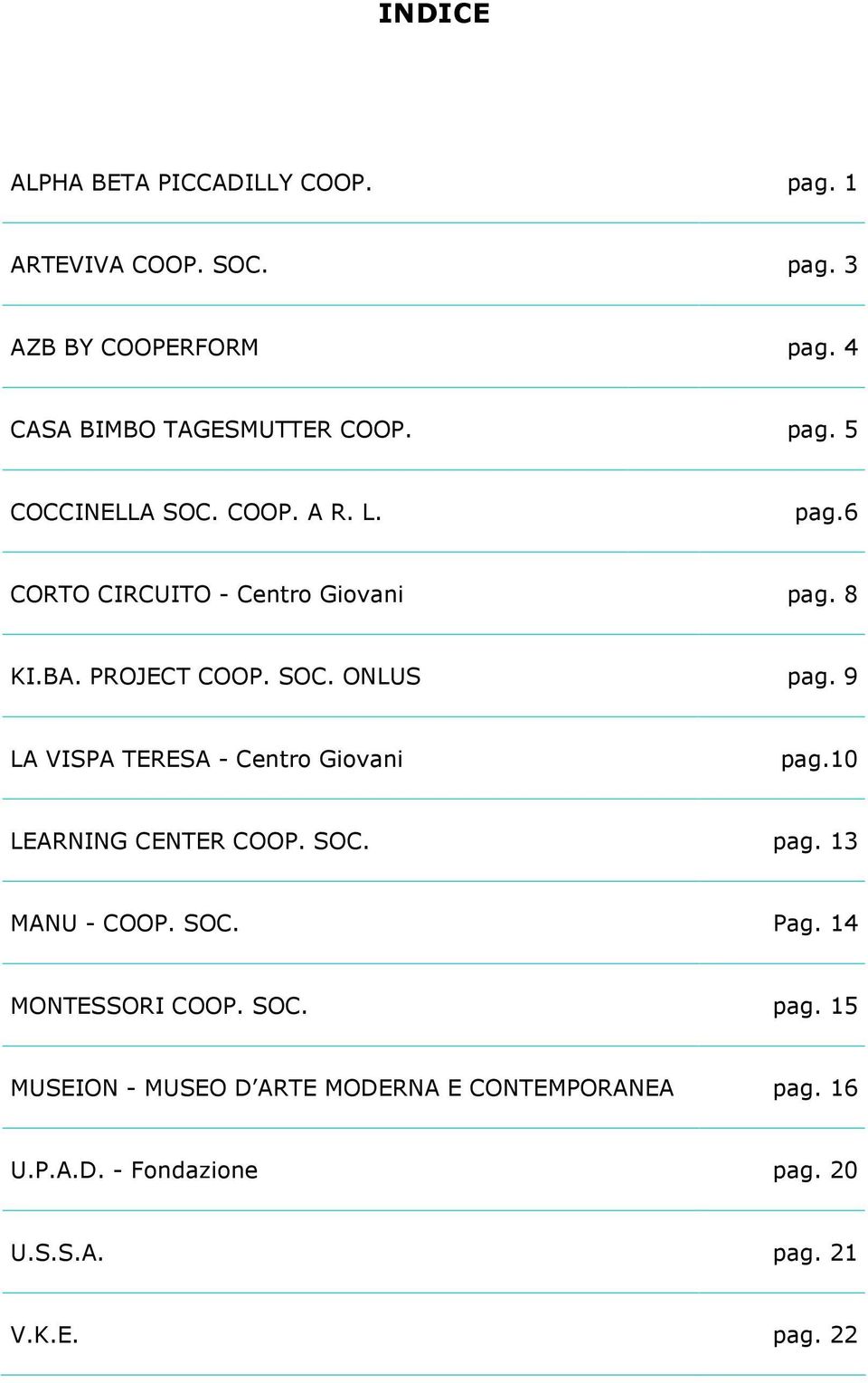 9 LA VISPA TERESA - Centro Giovani pag.10 LEARNING CENTER COOP. SOC. pag. 13 MANU - COOP. SOC. Pag. 14 MONTESSORI COOP.