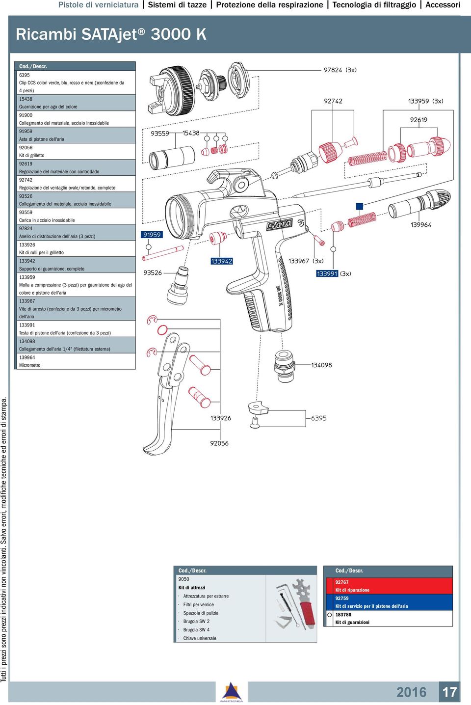 93559 Carica in acciaio inossidabile 97824 Anello di distribuzione dell'aria (3 pezzi) 133926 Kit di rulli per il grilletto 133942 Supporto di guarnizione, completo 133959 Molla a compressione (3