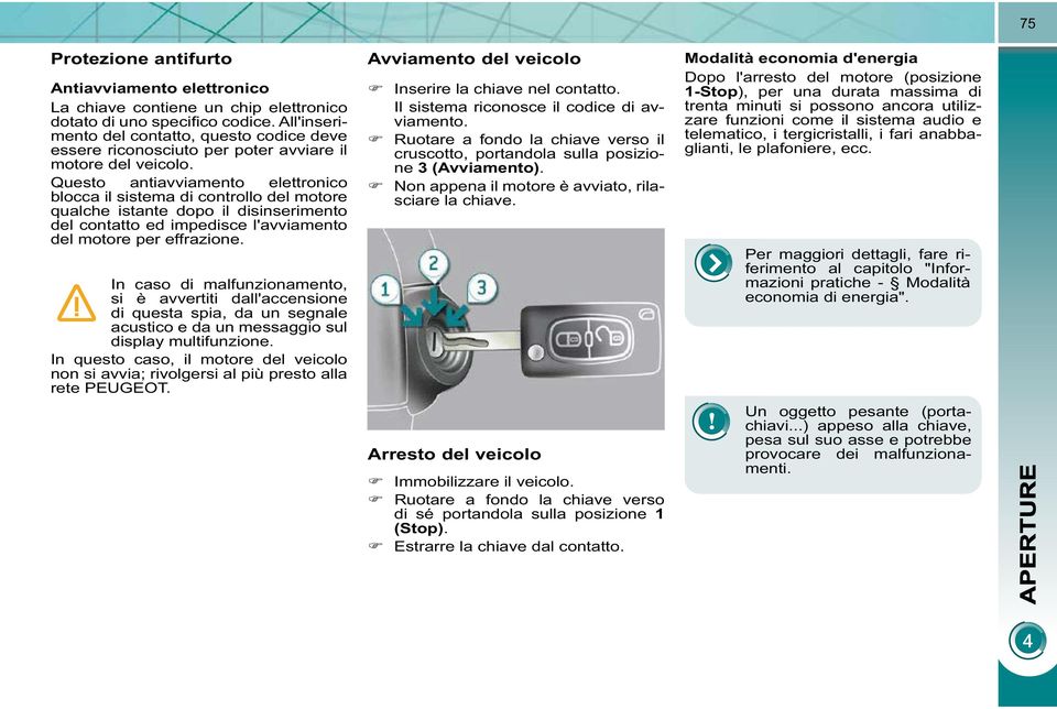 Questo antiavviamento elettronico blocca il sistema di controllo del motore qualche istante dopo il disinserimento del contatto ed impedisce l'avviamento del motore per effrazione.