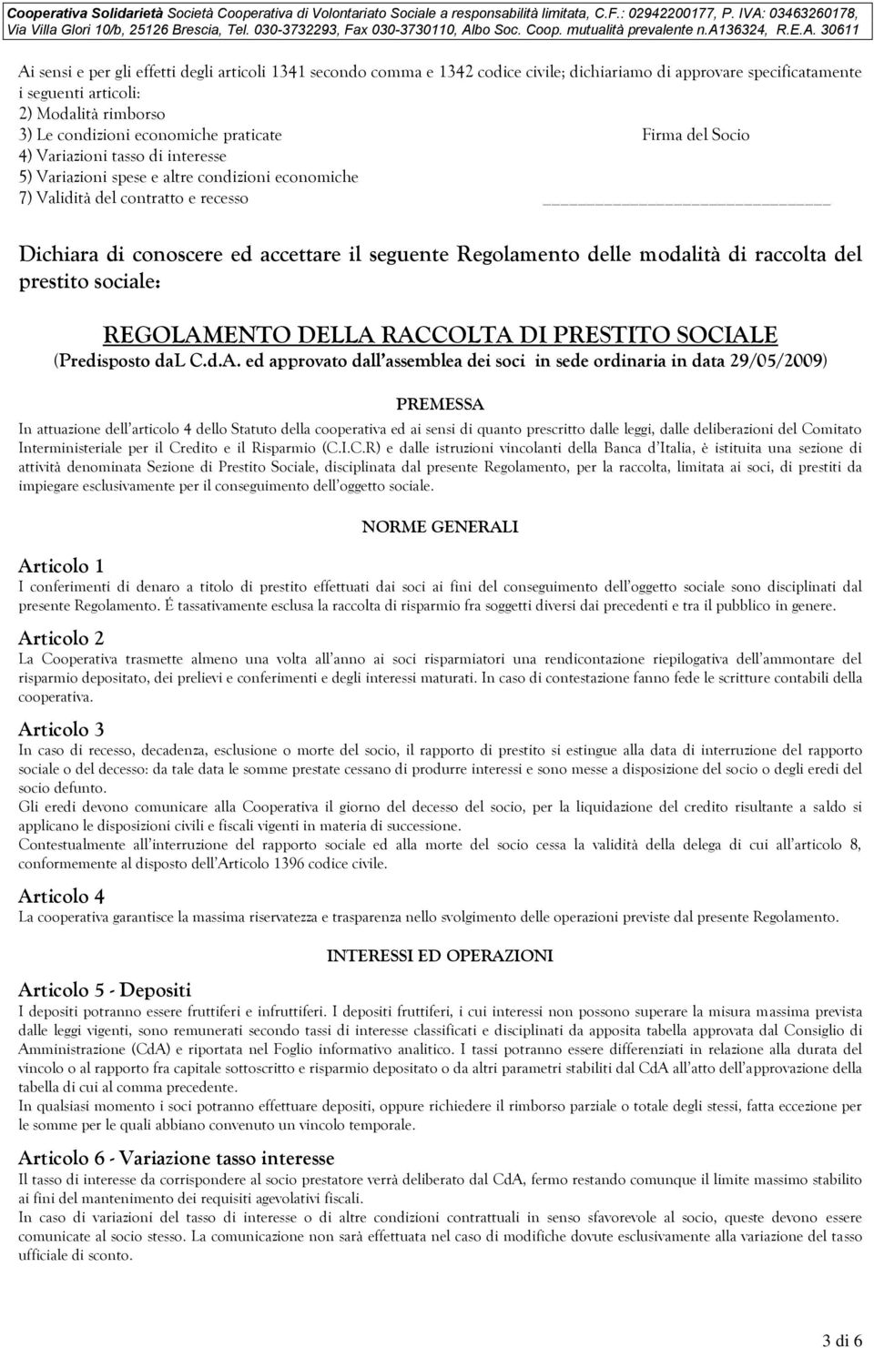 Regolamento delle modalità di raccolta del prestito sociale: REGOLAM