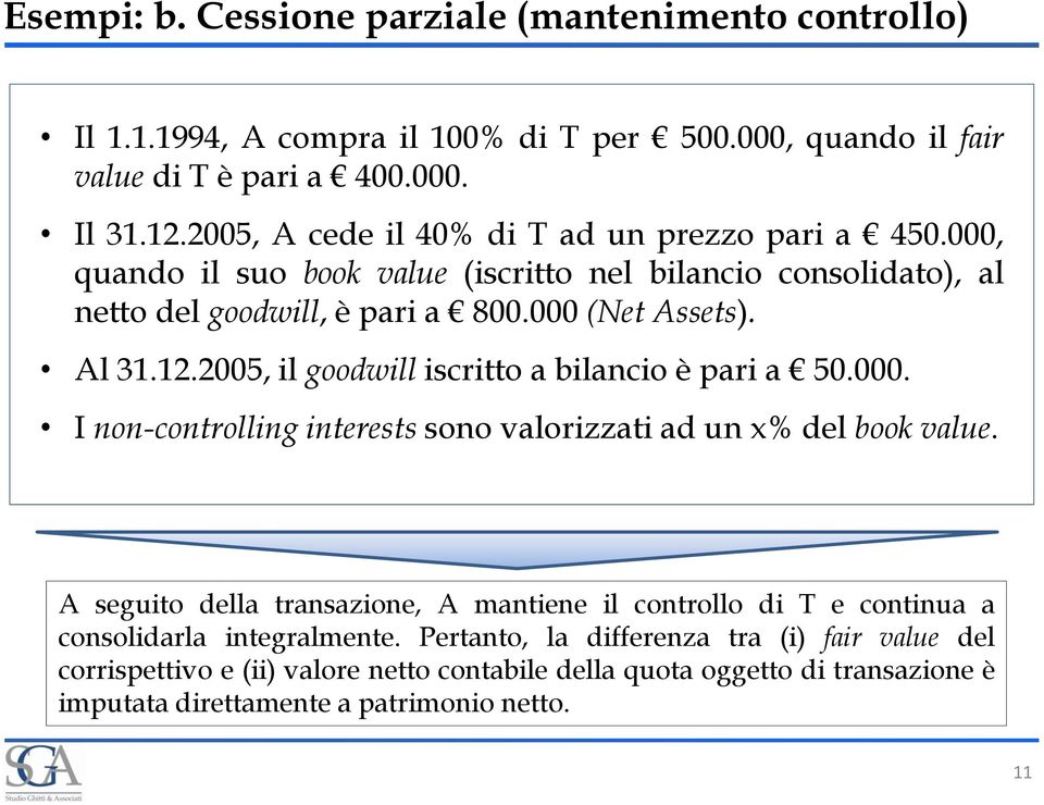 2005, il goodwill iscritto a bilancio è pari a 50.000. I non-controlling interests sono valorizzati ad un x% del book value.