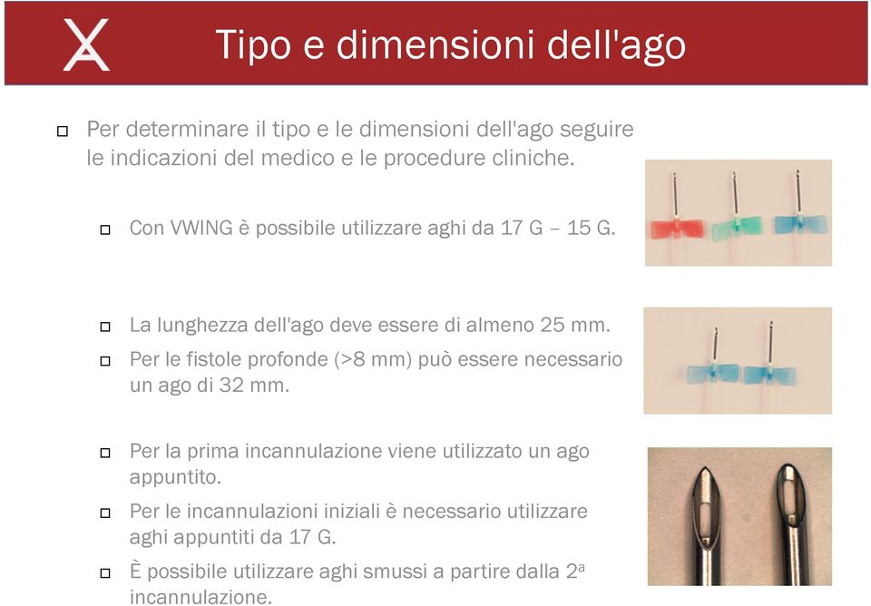 Per le fistole profonde (>8 mm) può essere necessario un ago di 32 mm.