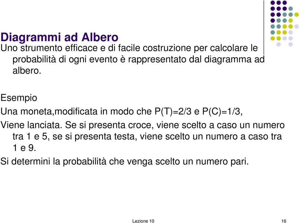 Esempio Una moneta,modificata in modo che P(T)=2/3 e P(C)=1/3, Viene lanciata.