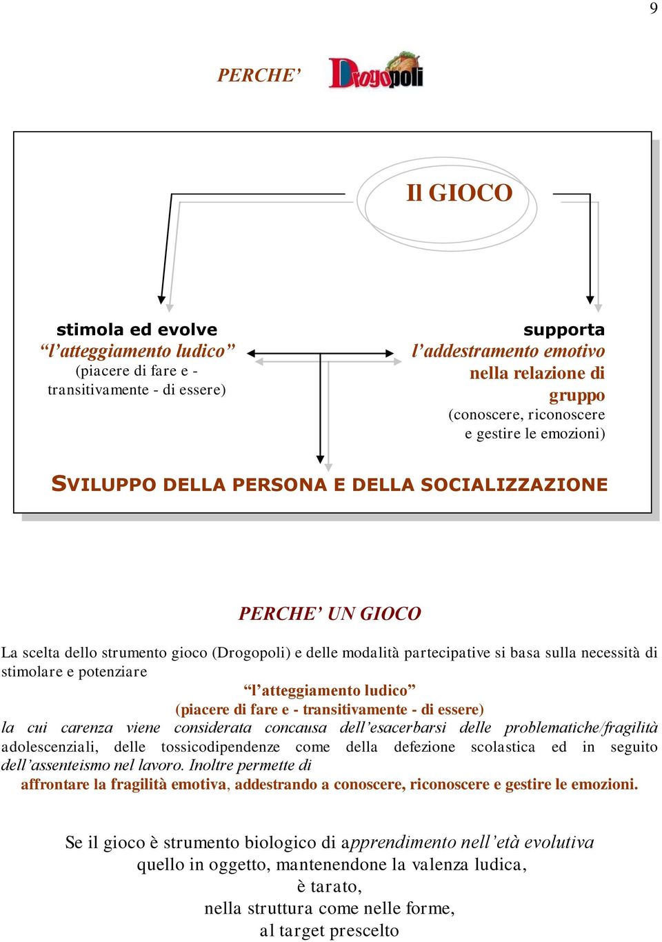 potenziare l atteggiamento ludico (piacere di fare e - transitivamente - di essere) la cui carenza viene considerata concausa dell esacerbarsi delle problematiche/fragilità adolescenziali, delle