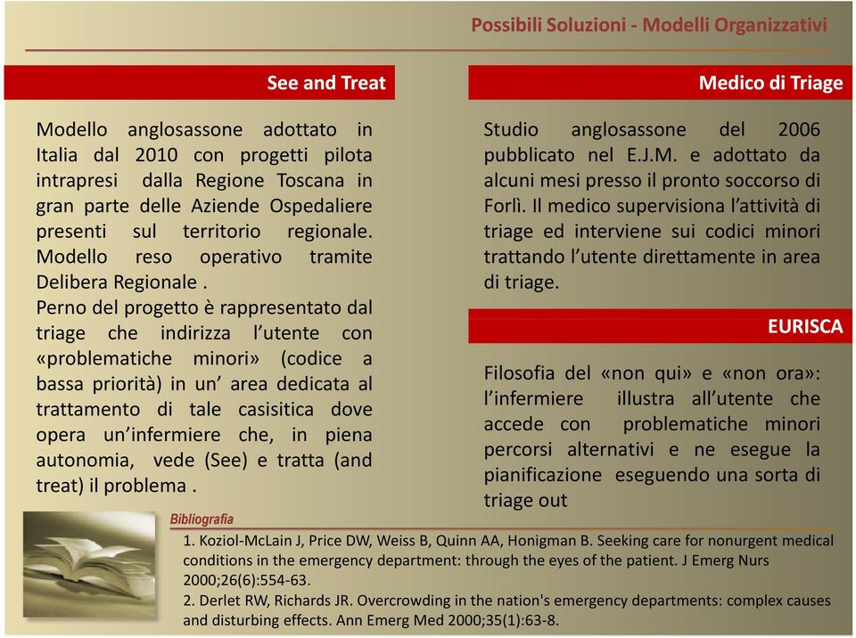 Perno del progetto è rappresentato dal triage che indirizza l utente con «problematiche minori» (codice a bassa priorità) in un area dedicata al trattamento di tale casisitica dove opera un