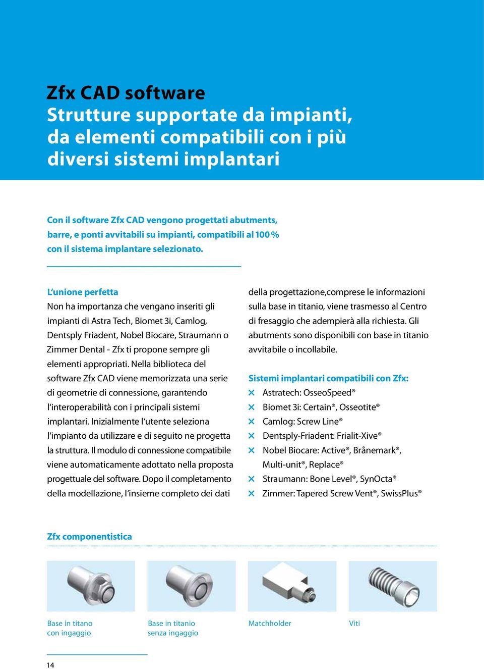 L unione perfetta Non ha importanza che vengano inseriti gli impianti di Astra Tech, Biomet 3i, Camlog, Dentsply Friadent, Nobel Biocare, Straumann o Zimmer Dental - Zfx ti propone sempre gli