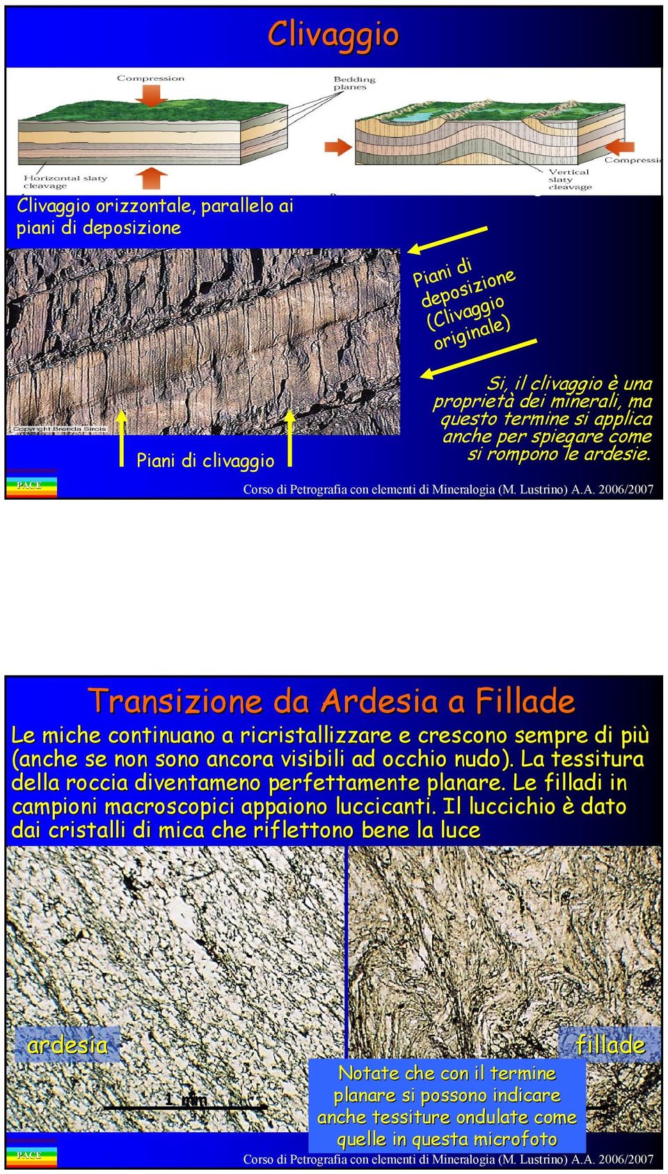 Transizione da Ardesia a Fillade Le miche continuano a ricristallizzare e crescono sempre di più (anche se non sono ancora visibili ad occhio nudo).