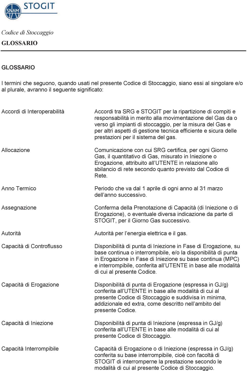 responsabilità in merito alla movimentazione del Gas da o verso gli impianti di stoccaggio, per la misura del Gas e per altri aspetti di gestione tecnica efficiente e sicura delle prestazioni per il