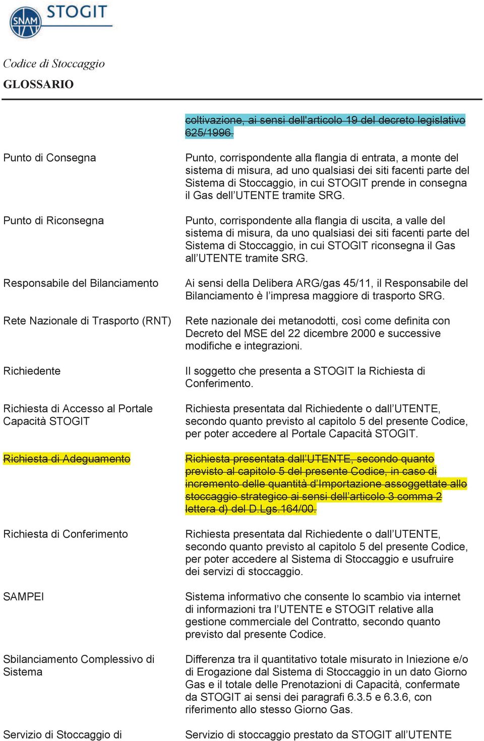 di Conferimento SAMPEI Sbilanciamento Complessivo di Sistema Servizio di Stoccaggio di Punto, corrispondente alla flangia di entrata, a monte del sistema di misura, ad uno qualsiasi dei siti facenti