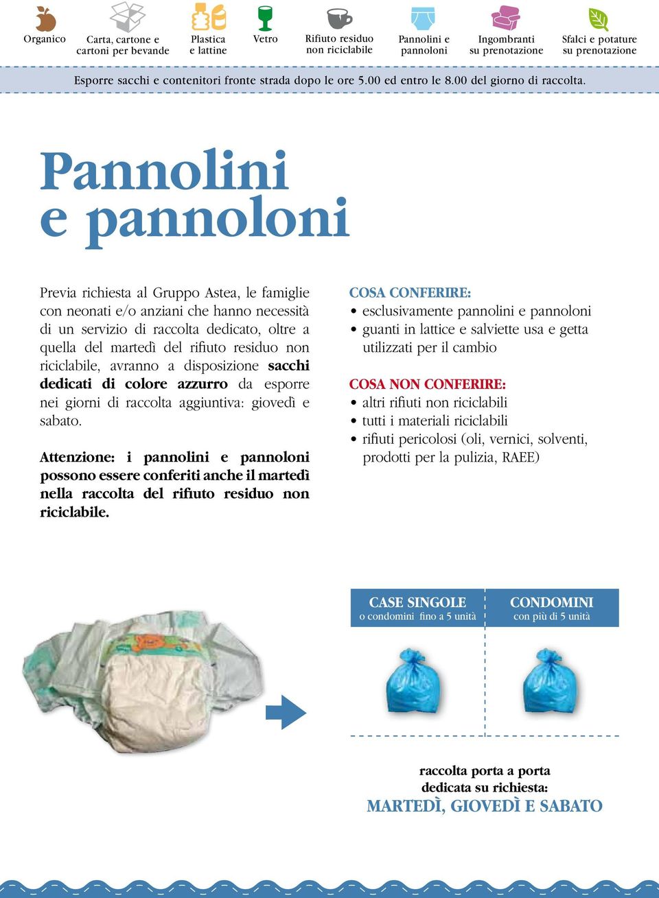 Pannolini e pannoloni Previa richiesta al Gruppo Astea, le famiglie con neonati e/o anziani che hanno necessità di un servizio di raccolta dedicato, oltre a quella del martedì del rifiuto residuo non