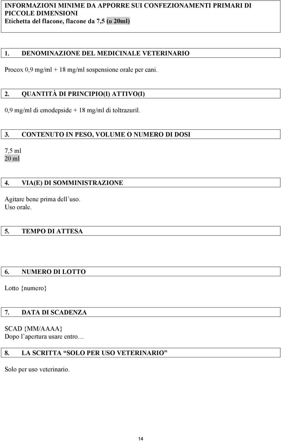 QUANTITÀ DI PRINCIPIO(I) ATTIVO(I) 0,9 mg/ml di emodepside + 18 mg/ml di toltrazuril. 3. CONTENUTO IN PESO, VOLUME O NUMERO DI DOSI 7,5 ml 20 ml 4.