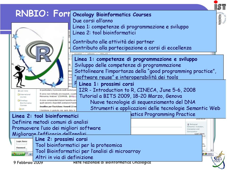 reuse e interoperabilità dei tools Preparazione Linea 1: prossimi alla partecipazione corsi in corsi avanzati I2R - Introduction to R, CINECA, June 5-6, 2008 Tutorial a BITS 2009, 18-20 Marzo, Genova