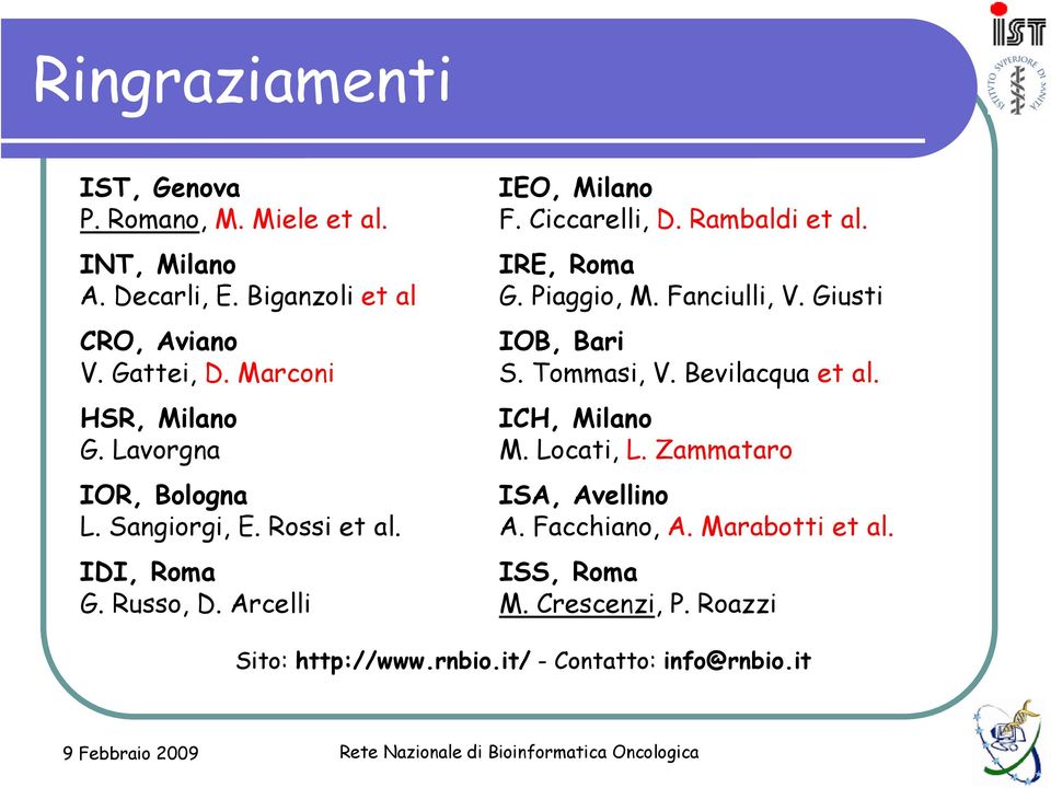 Bevilacqua et al. HSR, Milano ICH, Milano G. Lavorgna M. Locati, L. Zammataro IOR, Bologna ISA, Avellino L. Sangiorgi, E. Rossi et al.